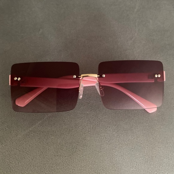 Sunglasses Pink Brown Gold Rectangle Lenses Rimless Frames - Picture 3 of 4